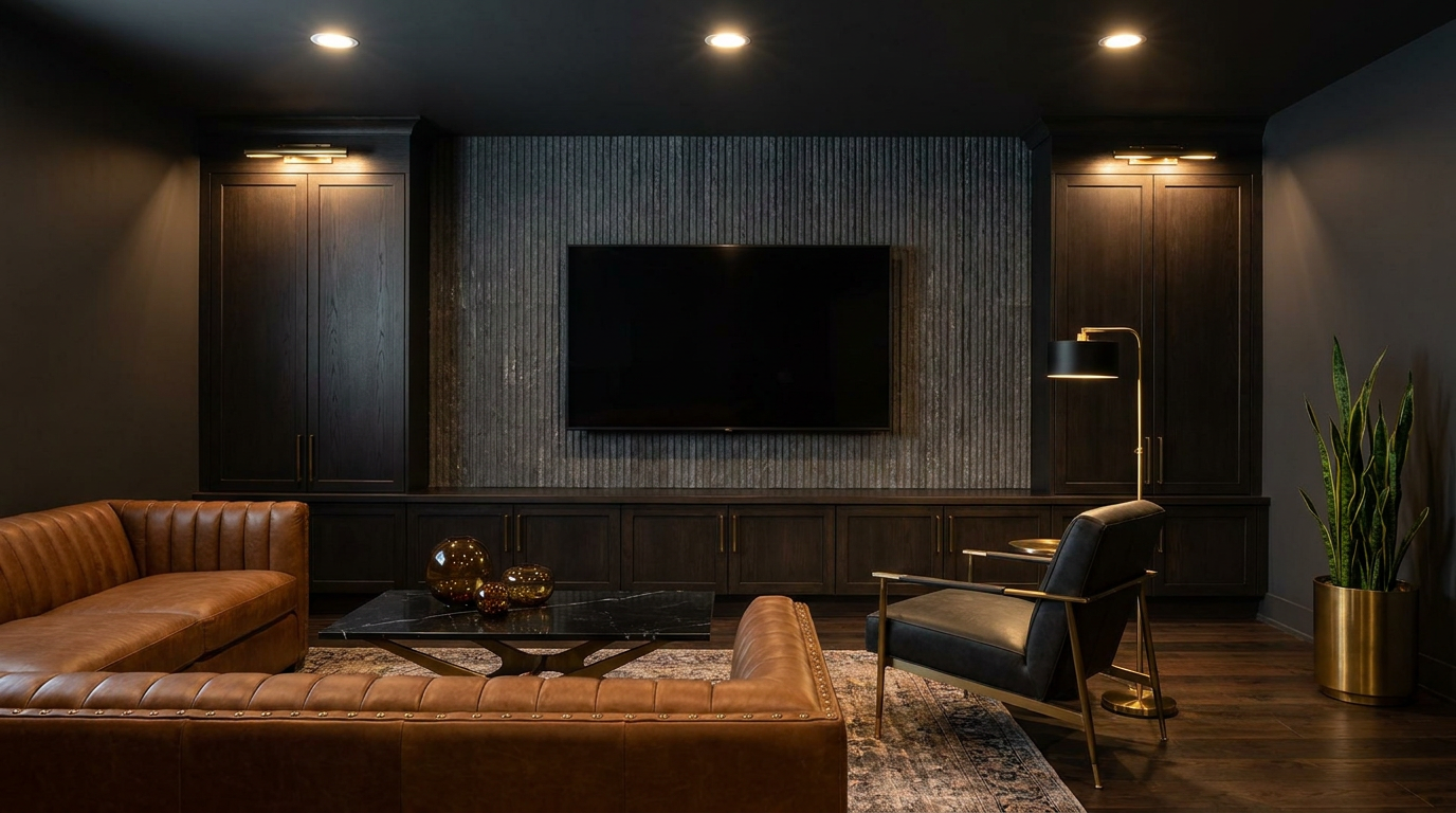 Dark contemporary basement living area with cognac leather sectional, charcoal stone fireplace surround, brass table lamp